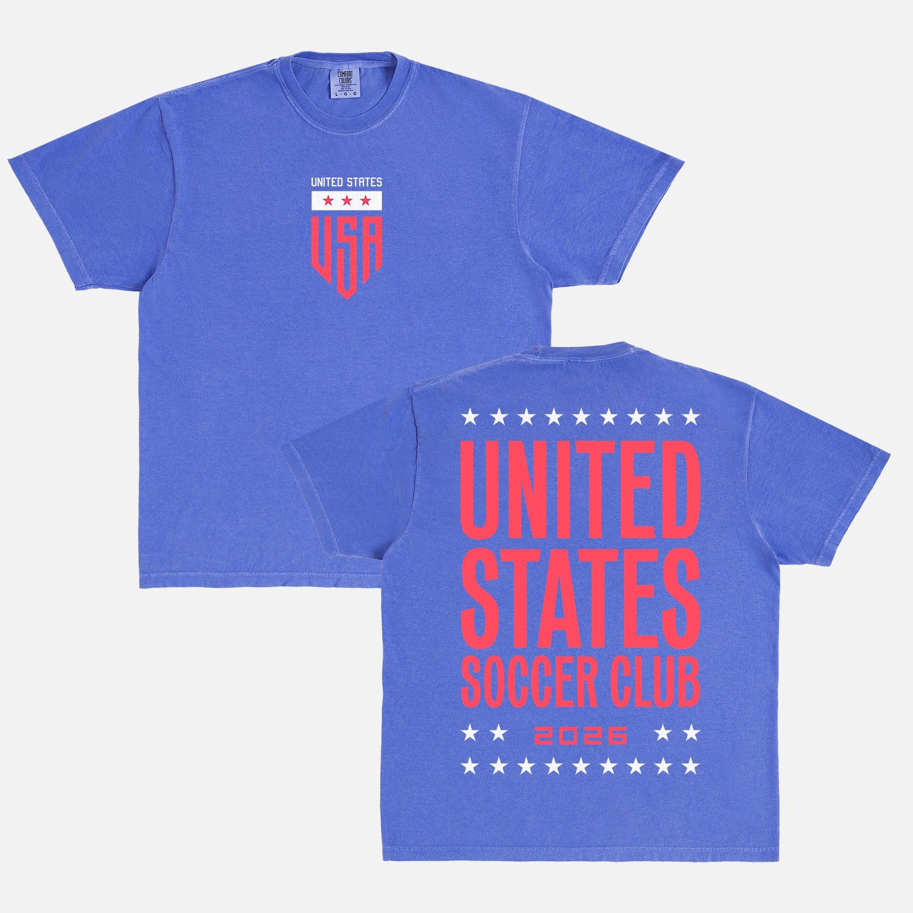 USMNT World Cup crest logo t-shirt for United States Soccer fans, washed royal USA team graphic tee with front and back print