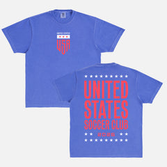 USMNT World Cup crest logo t-shirt for United States Soccer fans, washed royal USA team graphic tee with front and back print
