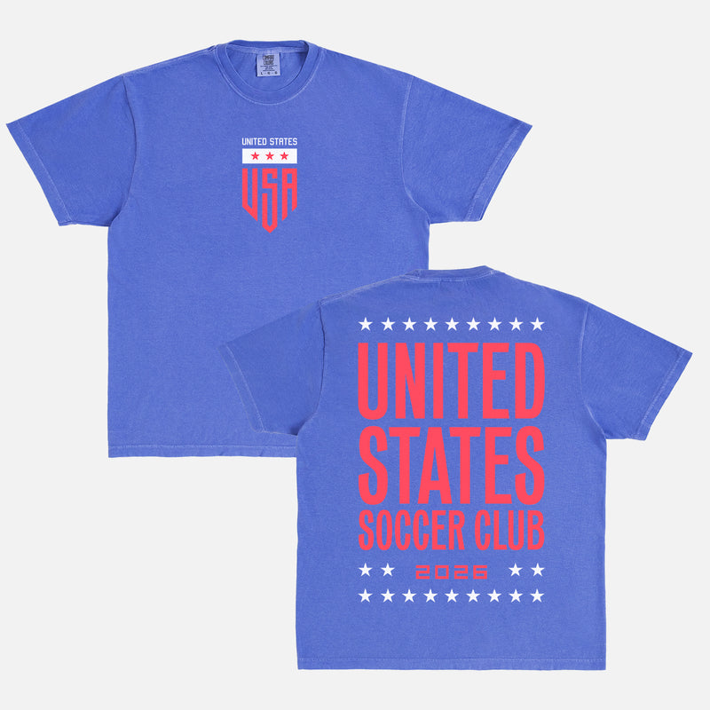 USMNT World Cup crest logo t-shirt for United States Soccer fans, washed royal USA team graphic tee with front and back print
