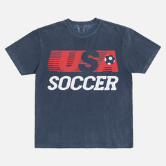 Retro USMNT USWNT United States Soccer logo t-shirt with striped USA soccer graphic on a washed navy unisex comfort colors tee