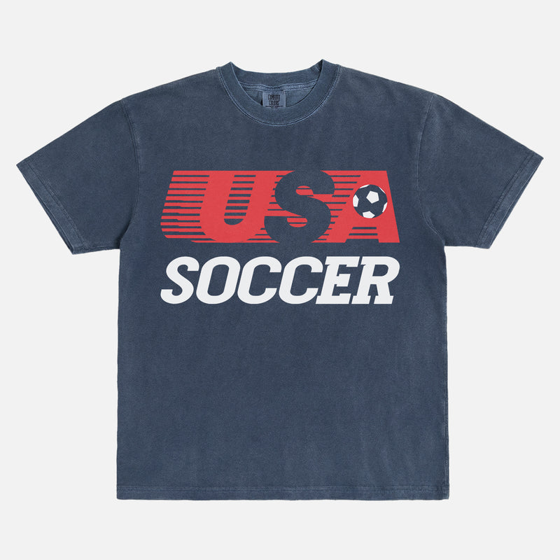 Retro USMNT USWNT United States Soccer logo t-shirt with striped USA soccer graphic on a washed navy unisex comfort colors tee