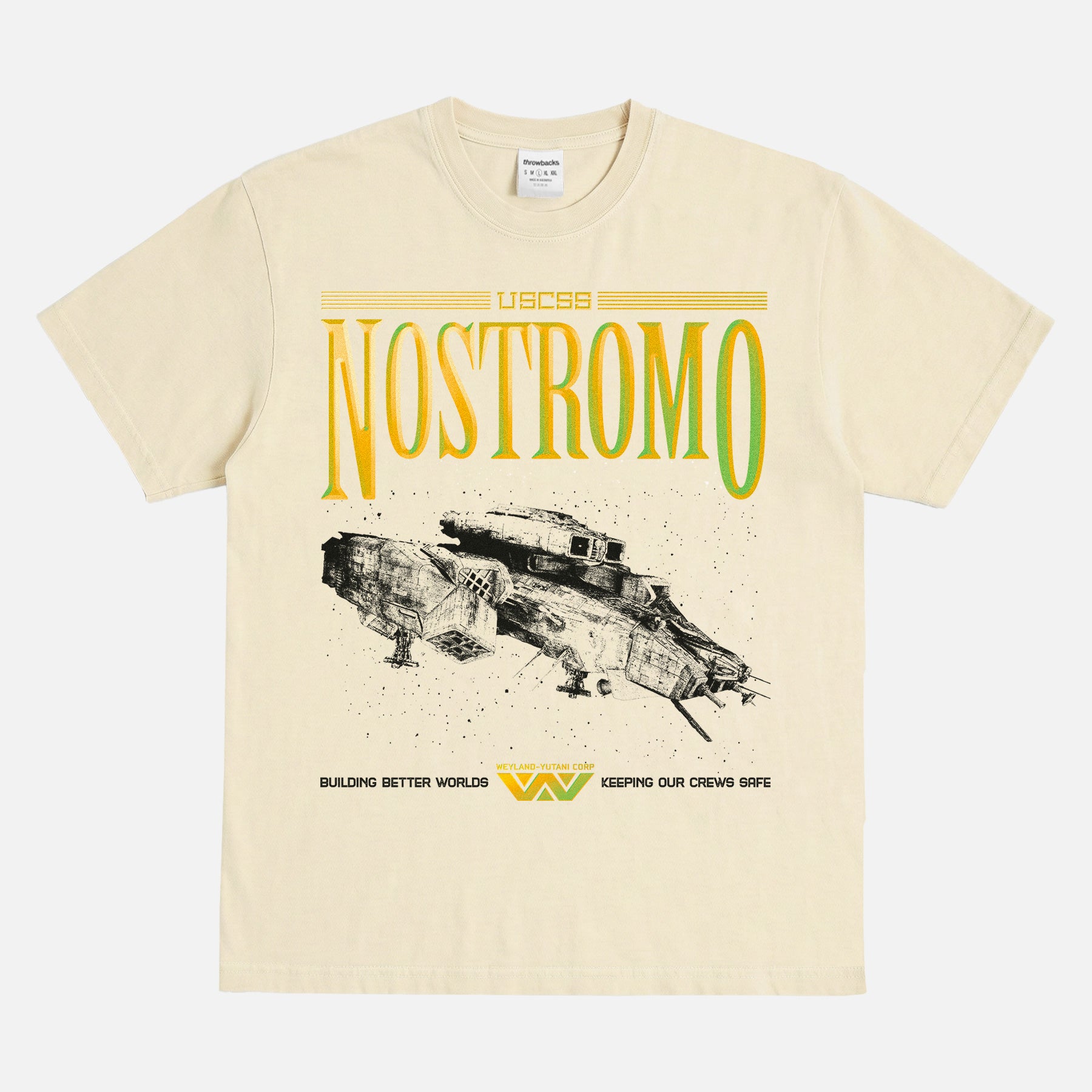 USCSS Nostromo logo and ship movie poster t-shirt for alien 1979 movie fans, weyland yutani corporation logo on oversized distressed cream sci-fi horror movie tee