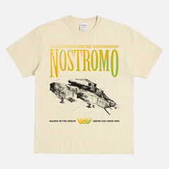 USCSS Nostromo logo and ship movie poster t-shirt for alien 1979 movie fans, weyland yutani corporation logo on oversized distressed cream sci-fi horror movie tee
