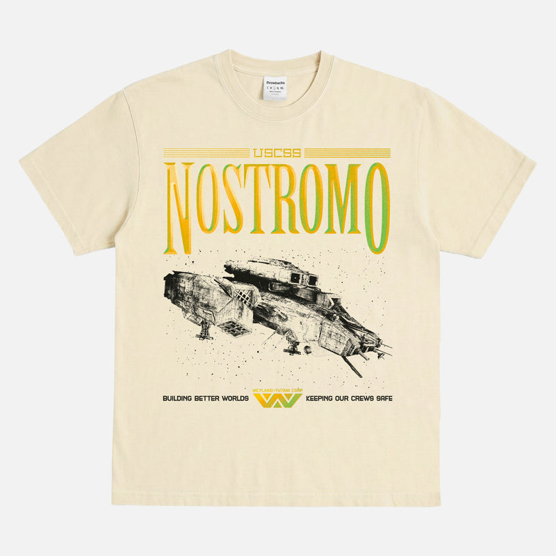 USCSS Nostromo logo and ship movie poster t-shirt for alien 1979 movie fans, weyland yutani corporation logo on oversized distressed cream sci-fi horror movie tee