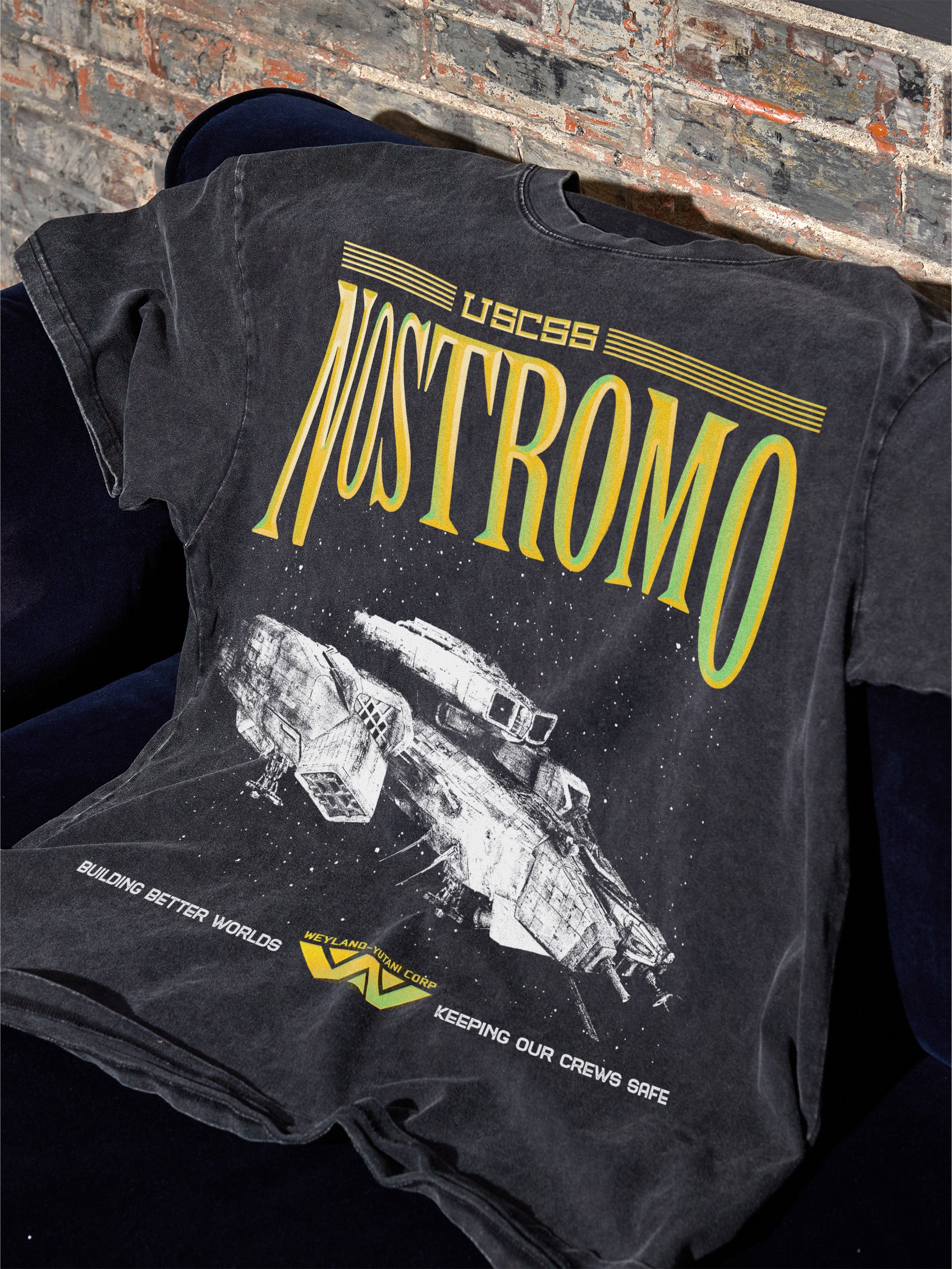 USCSS Nostromo logo and ship movie poster t-shirt for alien 1979 movie fans, weyland yutani corporation logo on oversized distressed black sci-fi horror movie tee