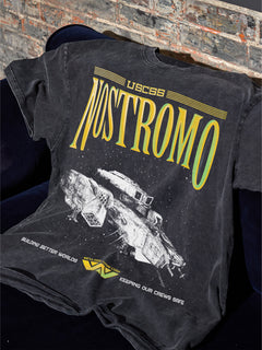 USCSS Nostromo logo and ship movie poster t-shirt for alien 1979 movie fans, weyland yutani corporation logo on oversized distressed black sci-fi horror movie tee