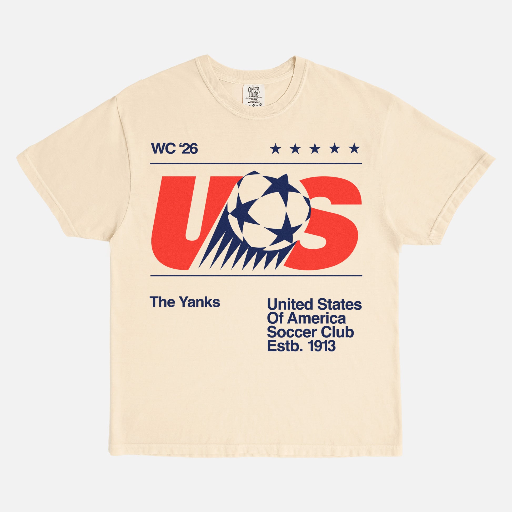 USMNT 1984 world cup soccer t-shirt, retro 80s United States soccer team graphic tee comfort colors faded off white, navy blue and red