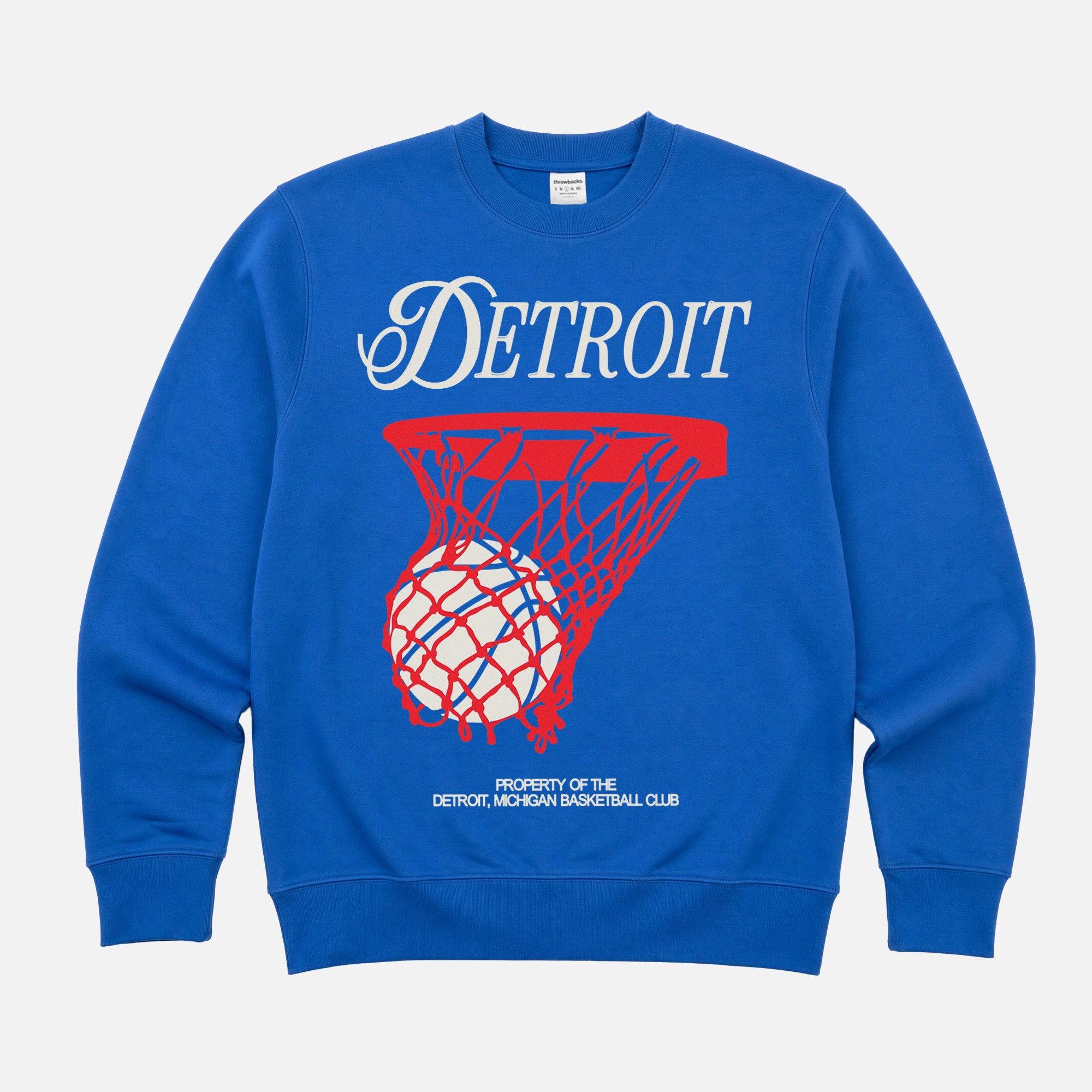 Retro 80s Detroit Pistons basketball sweatshirt with red and white streetwear graphic on a royal blue unisex crewneck