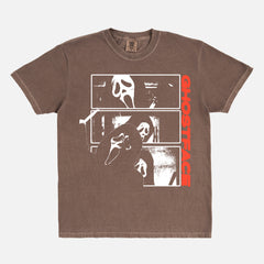 Distressed Scream Horror Movie Graphic T-shirt on heavyweight faded brown cotton with layered Ghostface scenes and relaxed unisex fit for 90s slasher fans