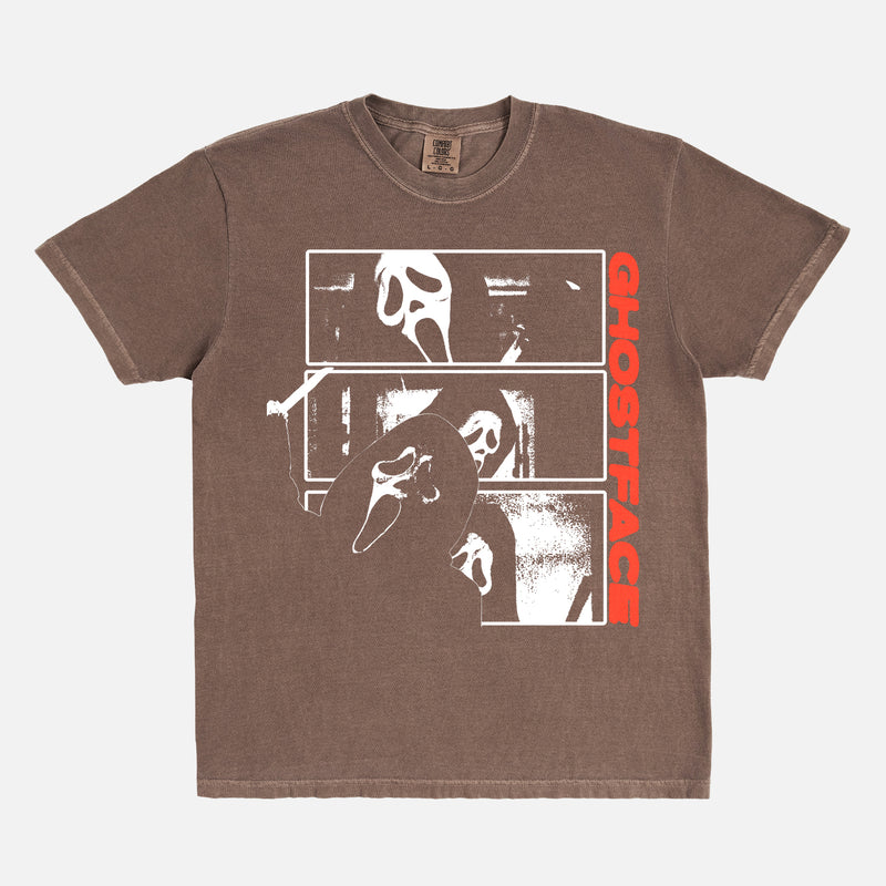 Distressed Scream Horror Movie Graphic T-shirt on heavyweight faded brown cotton with layered Ghostface scenes and relaxed unisex fit for 90s slasher fans