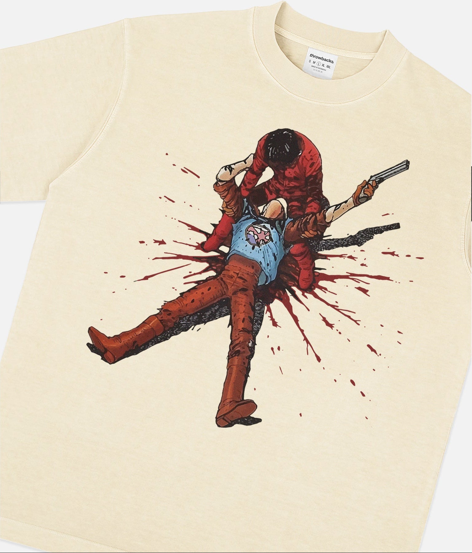Akira Vs Tetsuo Anime T-Shirt featuring Kaneda and Tetsuo locked in battle over Neo-Tokyo with Japanese text and vintage manga styling on a relaxed unisex off white washed tee.