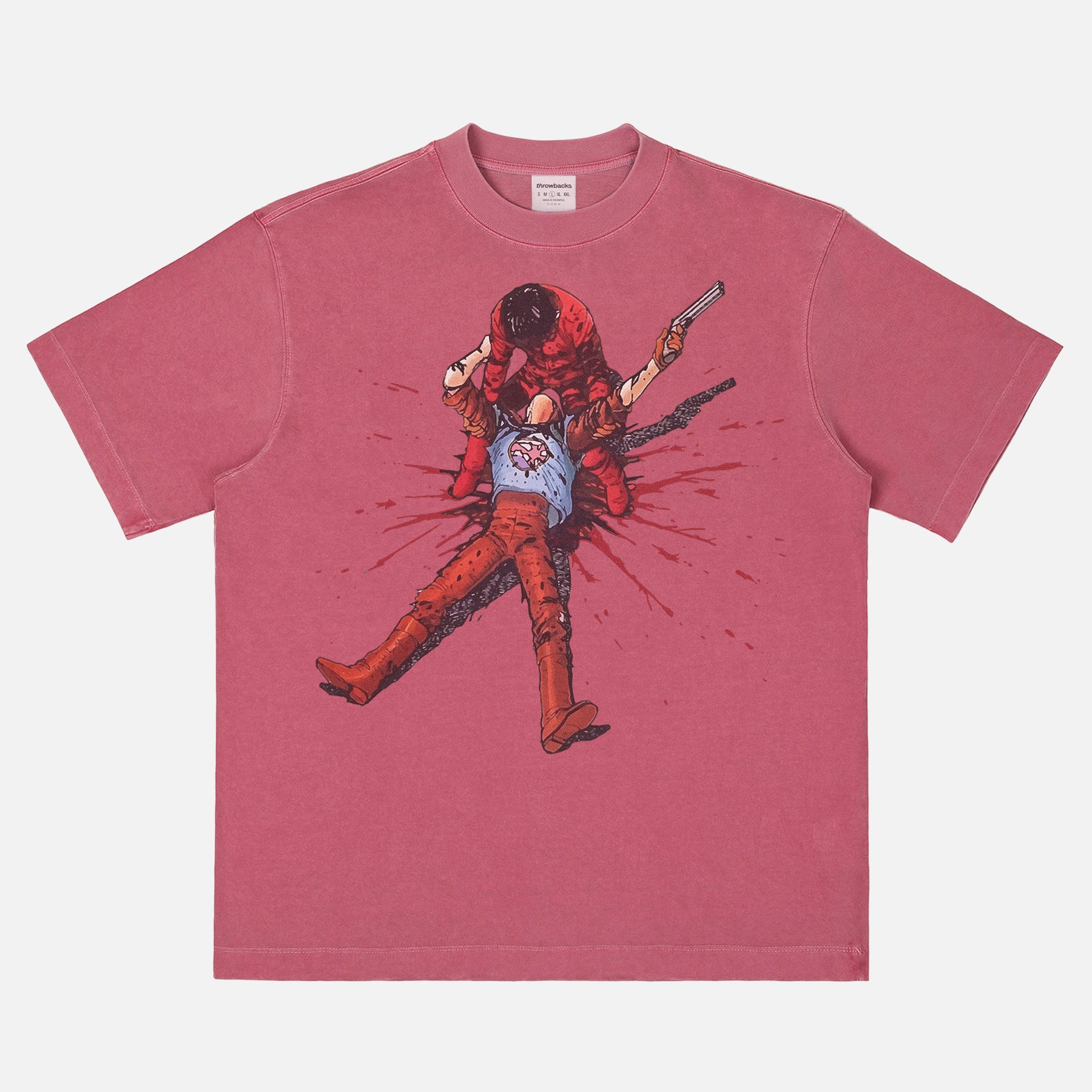 Akira Vs Tetsuo Anime T-Shirt featuring Kaneda and Tetsuo locked in battle over Neo-Tokyo with Japanese text and vintage manga styling on a relaxed unisex off red heavyweight streetwear washed tee.