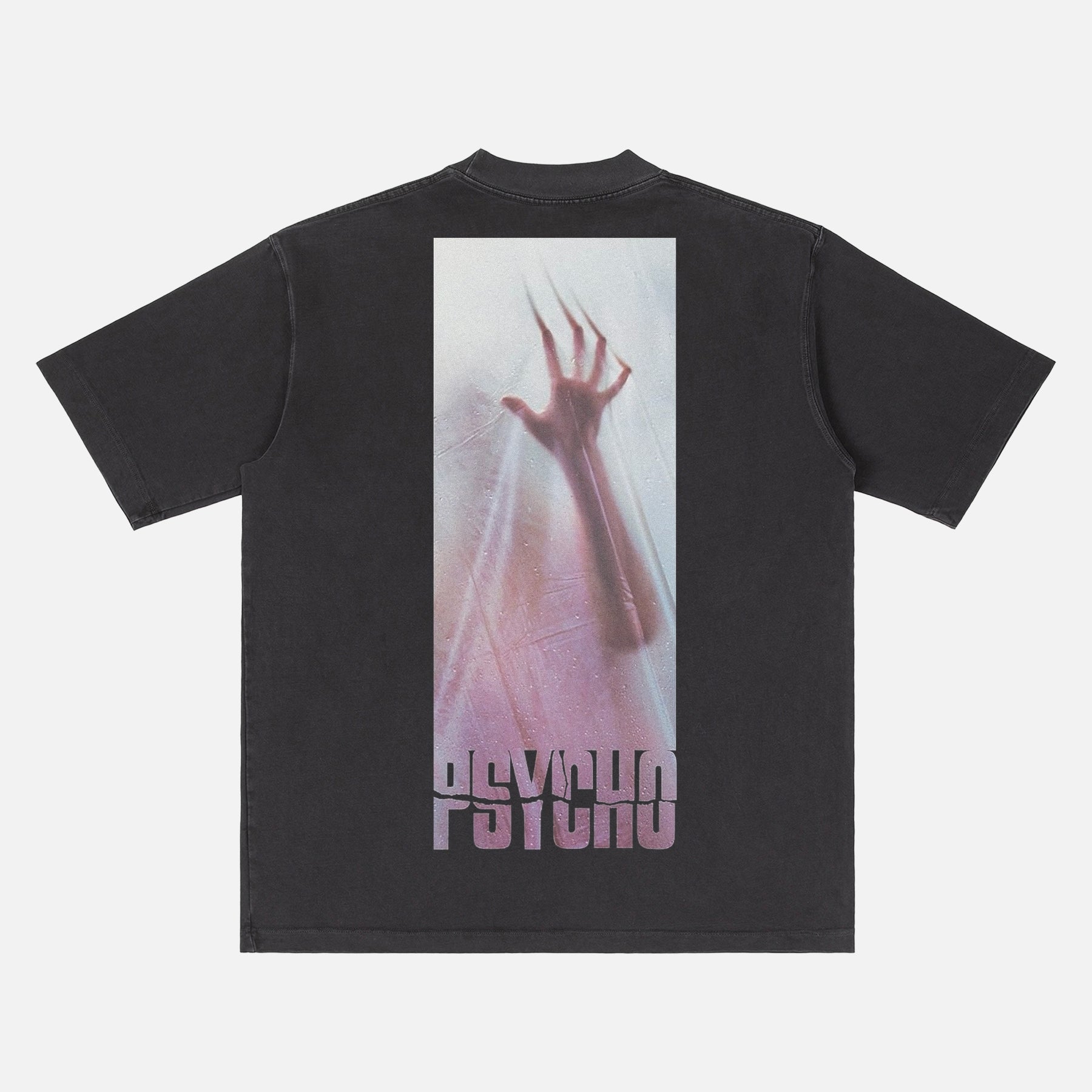 Alfred Hitchock Psycho movie graphic t-shirt, with retro movie poster and oversized back print
