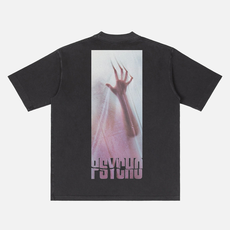 Alfred Hitchock Psycho movie graphic t-shirt, with retro movie poster and oversized back print