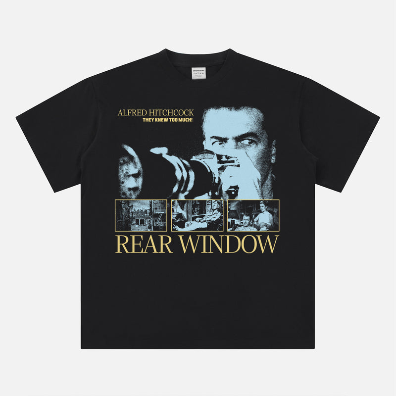 Alfred Hitchcock Rear Window 1954 Movie graphic t-shirt for cult classic movie fans