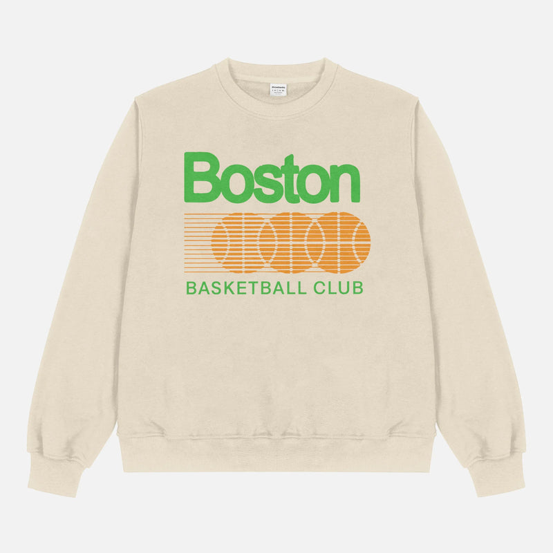 Retro off white 80's style Boston Celtics basketball crewneck sweatshirt with oversized green and orange graphic for men and women