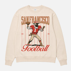 Vintage 80s San Francisco 49ers NFL football crewneck sweatshirt with retro mascot and pinstripes graphic