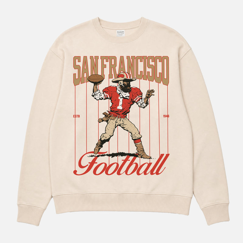 Vintage 80s San Francisco 49ers NFL football crewneck sweatshirt with retro mascot and pinstripes graphic