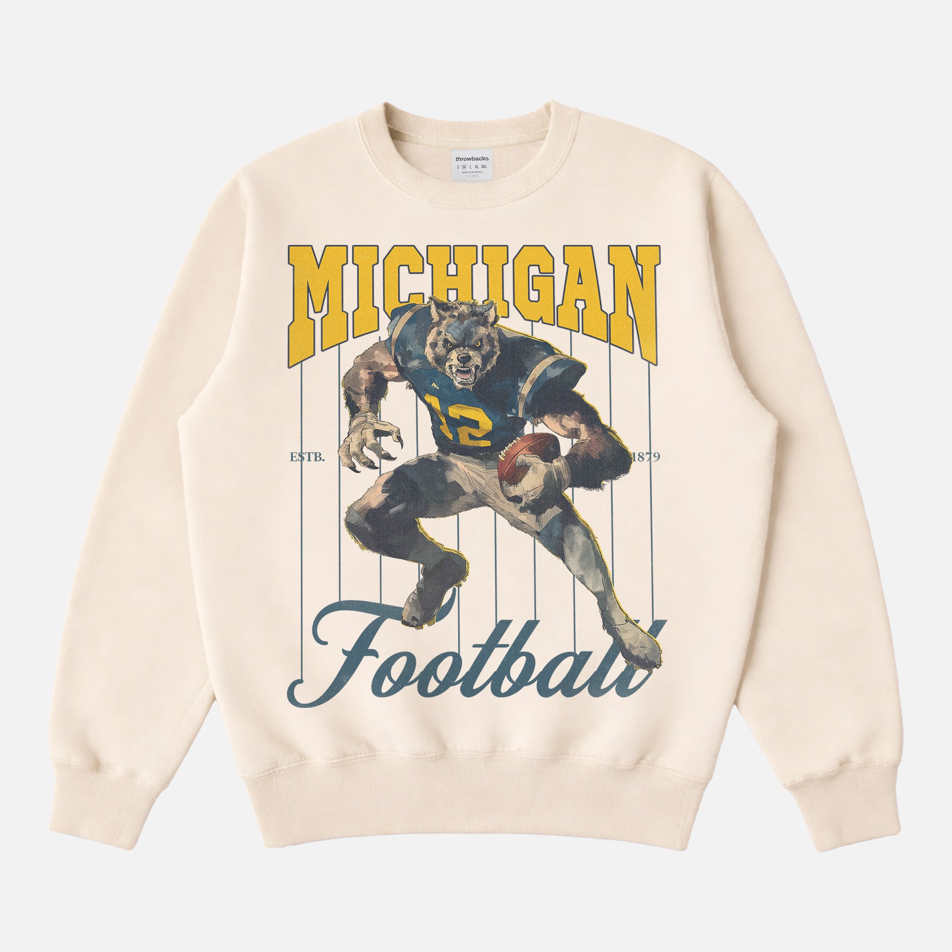 Vintage beige off white University of Michigan Wolverines Football sweatshirt, retro heavyweight mascot pinstripes crewneck 
