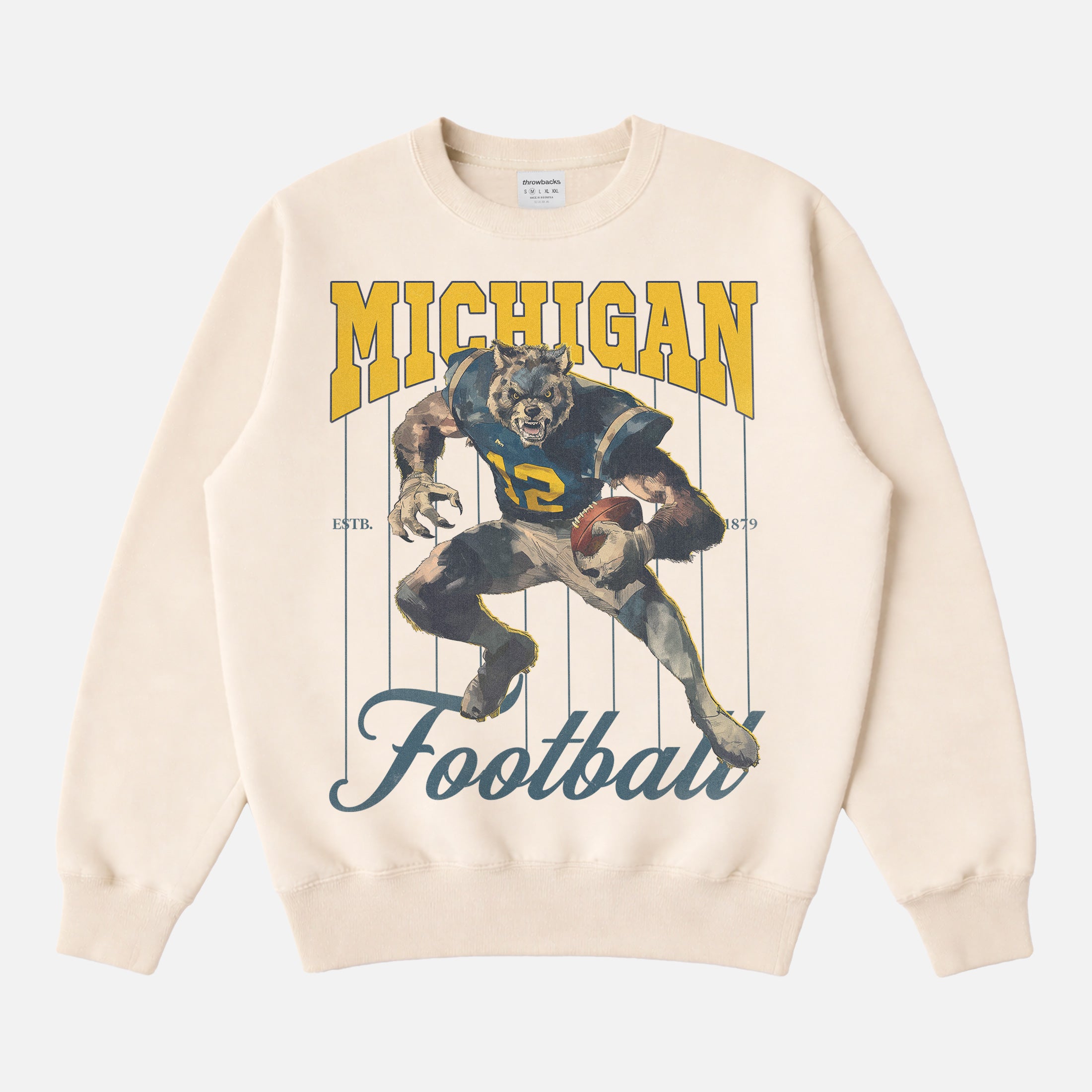 Vintage beige off white University of Michigan Wolverines Football sweatshirt, retro heavyweight mascot pinstripes crewneck 