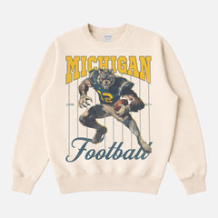 Vintage beige off white University of Michigan Wolverines Football sweatshirt, retro heavyweight mascot pinstripes crewneck 