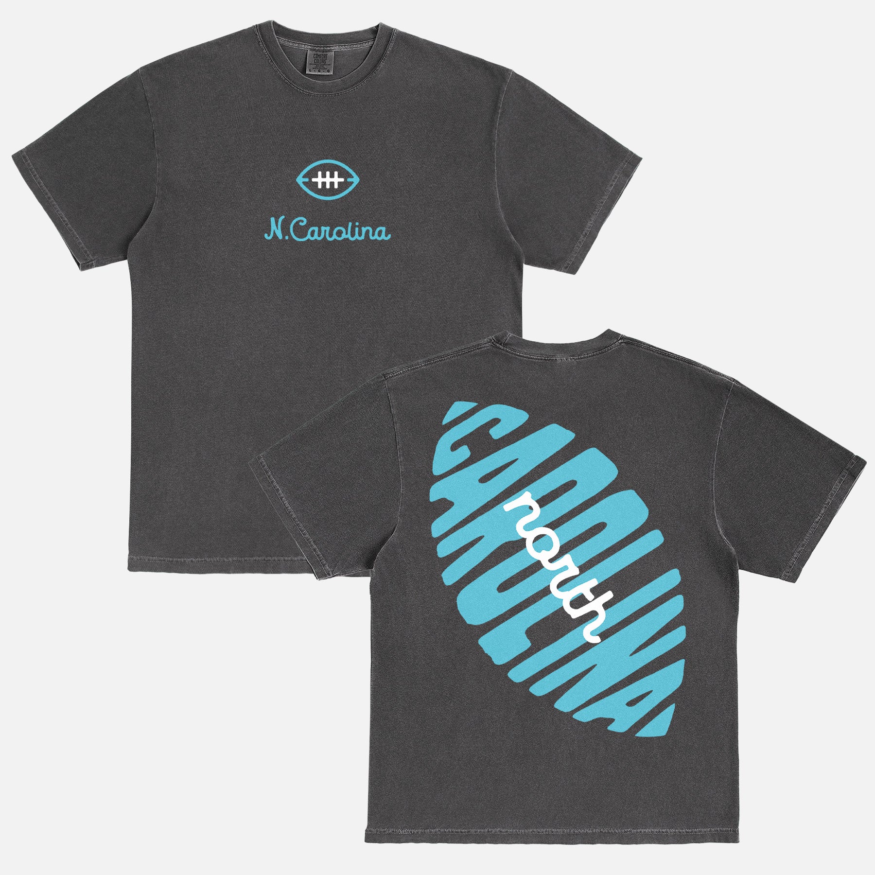 Cute retro north carolina tar heels college football shirt with front and back print on a washed black comfort colors graphic tee for sale at Throwbacks