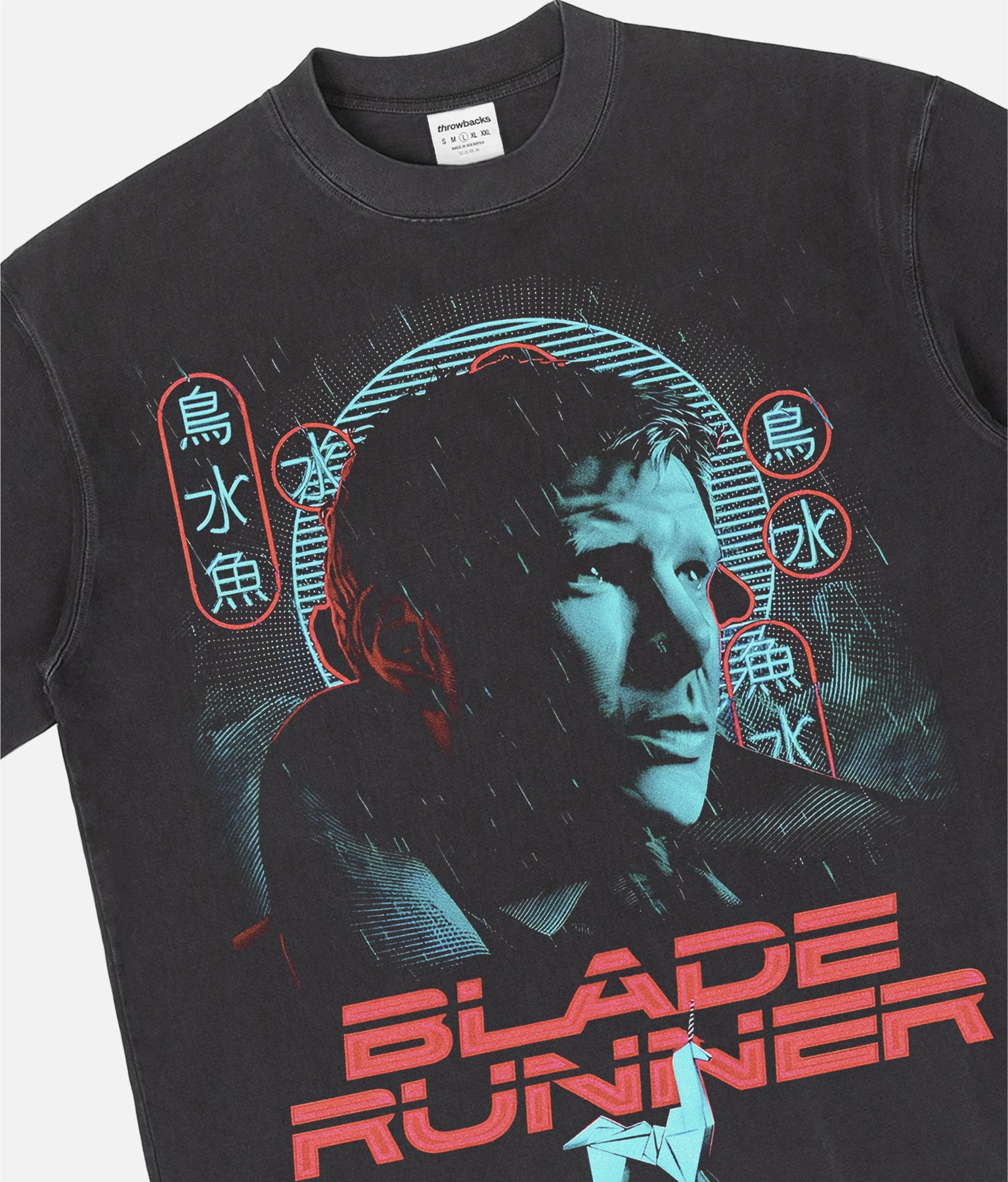 1982 Original Blade Runner movie streetwear graphic t-shirt with retro neon movie poster art on a heavyweight faded black tee for sale at Throwbacks