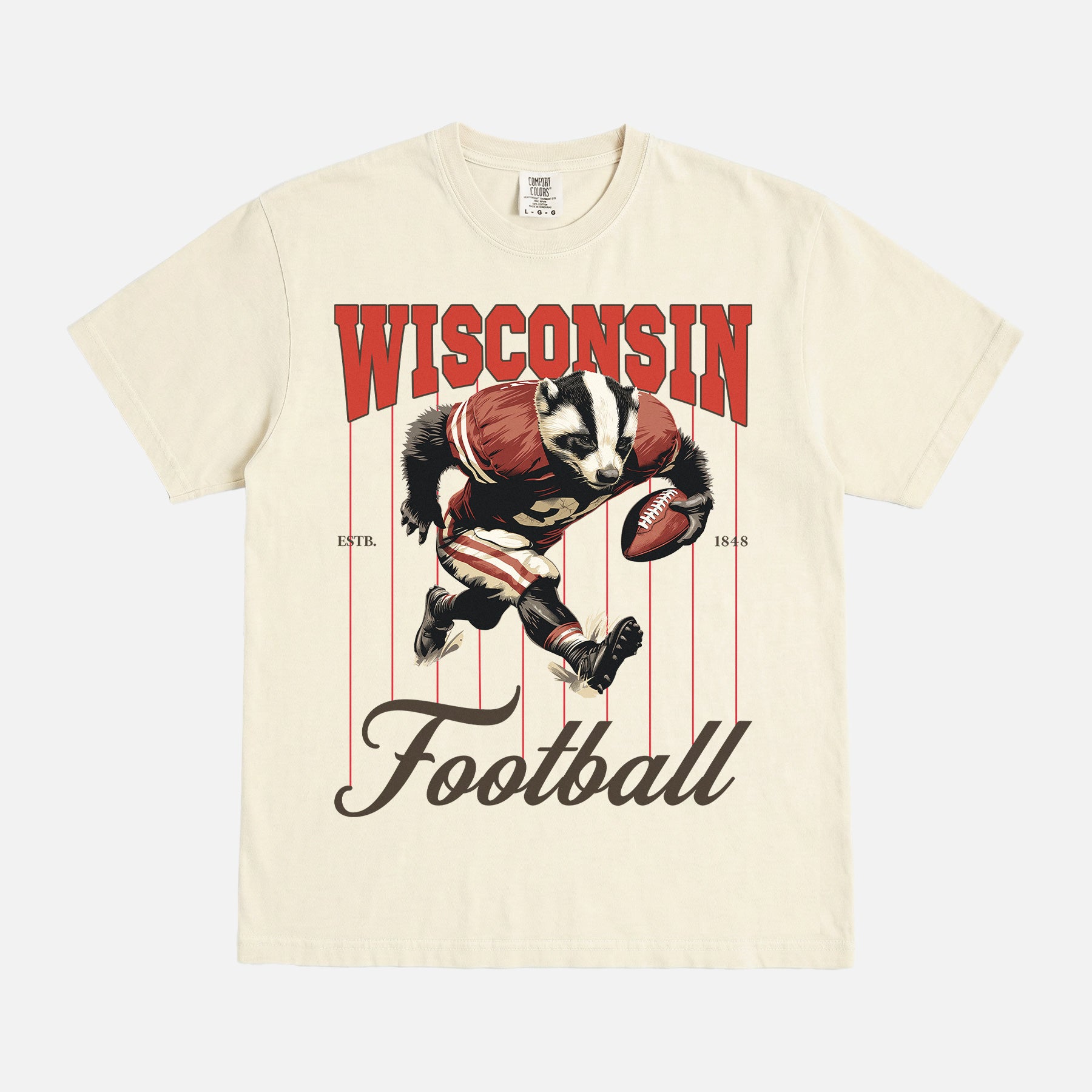 Retro Wisconsin Badgers college football t-shirt with retro badger mascot pinstripes on a cream comfort colors graphic tee for sale at Throwbacks