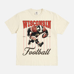 Retro Wisconsin Badgers college football t-shirt with retro badger mascot pinstripes on a cream comfort colors graphic tee for sale at Throwbacks