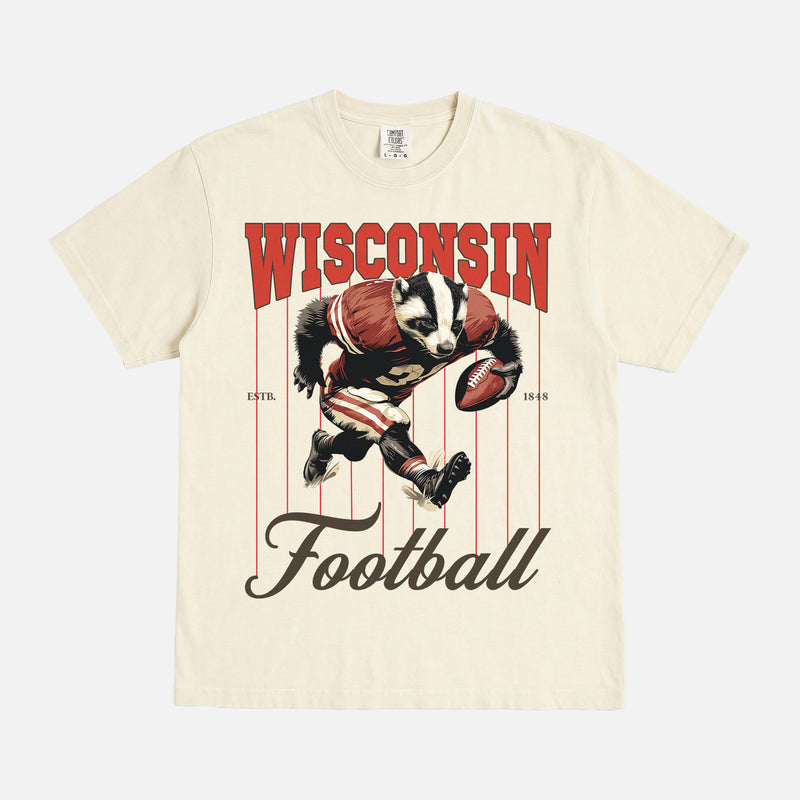 Retro Wisconsin Badgers college football t-shirt with retro badger mascot pinstripes on a cream comfort colors graphic tee for sale at Throwbacks
