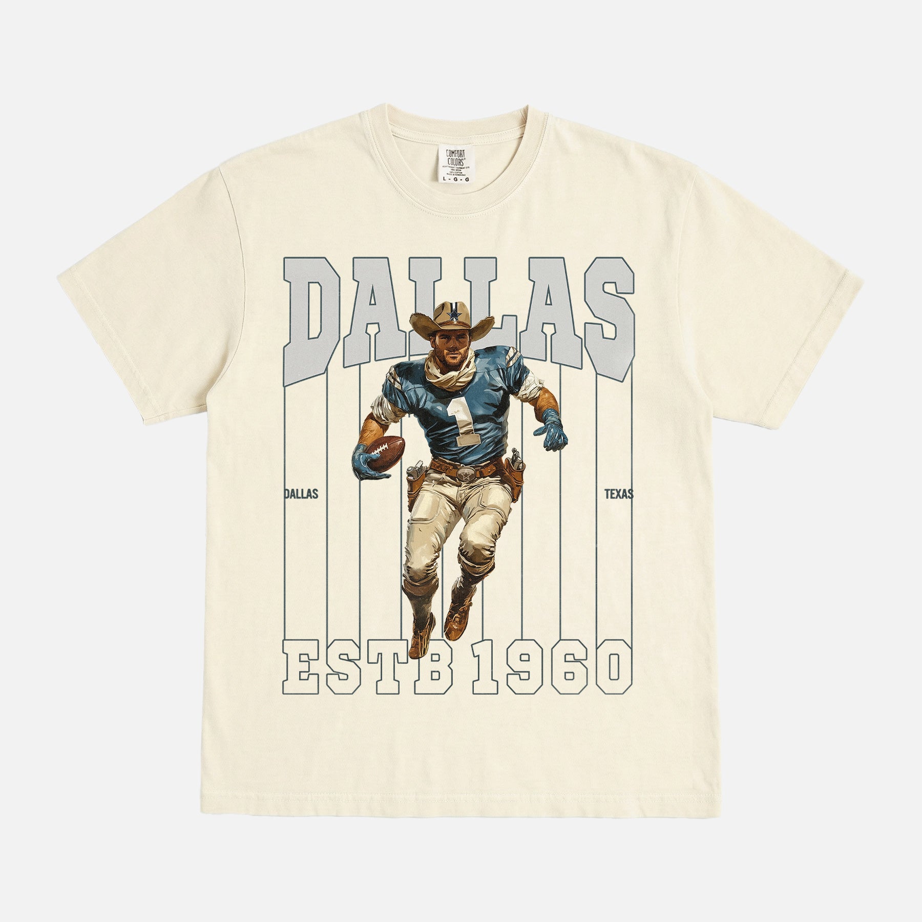 Cool vintage Dallas Cowboys t-shirt with retro mascot and pinstripes on a faded cream comfort colors graphic tee