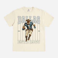 Cool vintage Dallas Cowboys t-shirt with retro mascot and pinstripes on a faded cream comfort colors graphic tee