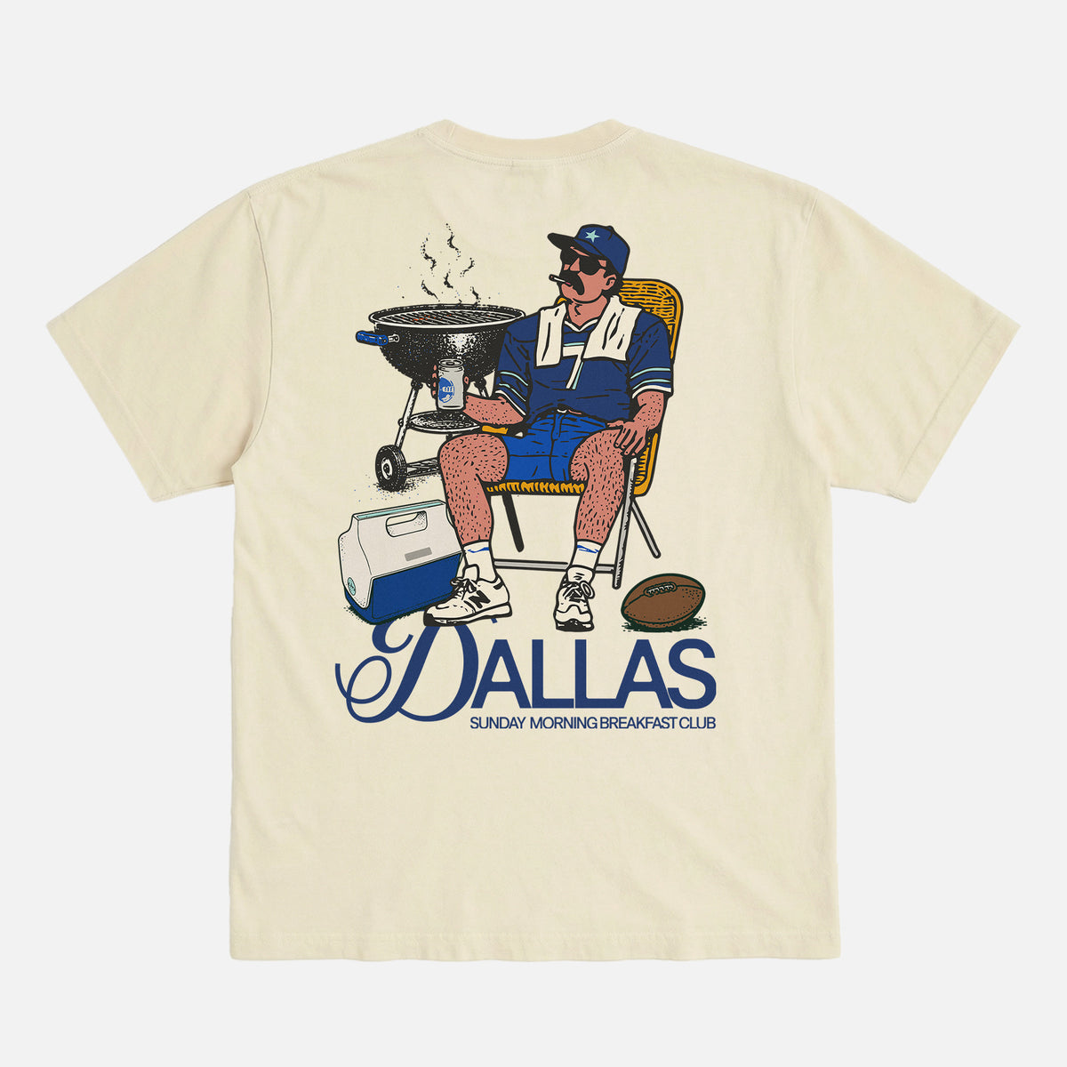 Dallas Cowboys football fan tailgate t-shirt that has a funny graphic of man tailgating with a cooler and bbq pit 