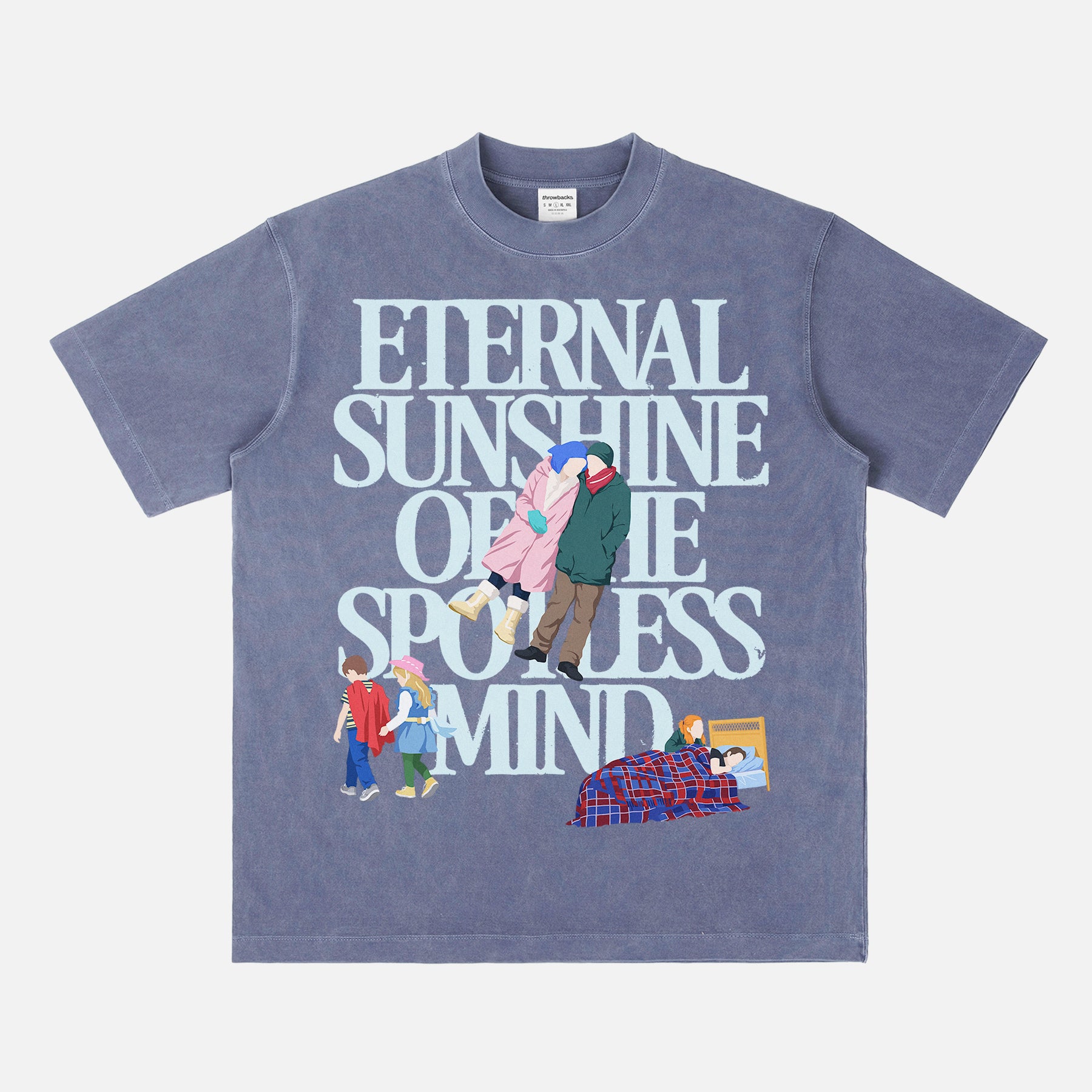 Cute Eternal Sunshine of the spotless mind movie t-shirt with large oversized front print illustrations of scenes from the movie on a vintage faded blue unisex graphic tee