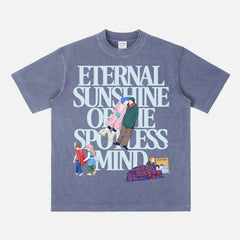 Cute Eternal Sunshine of the spotless mind movie t-shirt with large oversized front print illustrations of scenes from the movie on a vintage faded blue unisex graphic tee