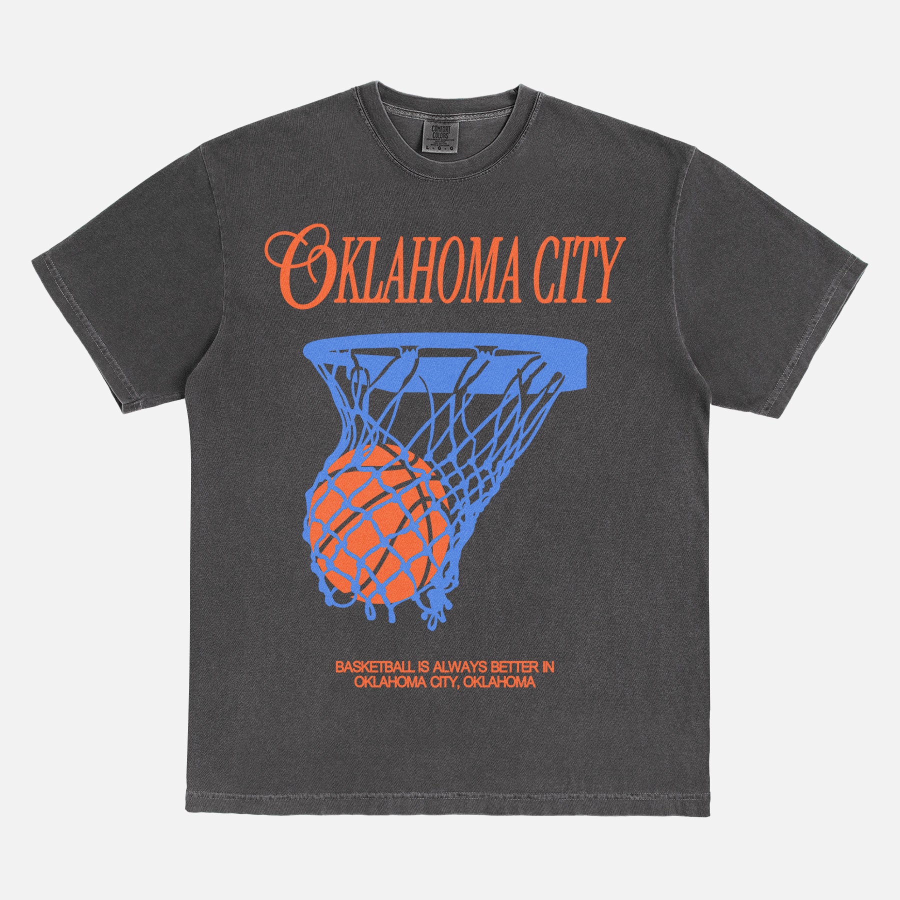 Vintage washed black Oklahoma City basketball t-shirt with royal blue and orange OKC thunder bball graphic on a unisex Comfort Colors tee