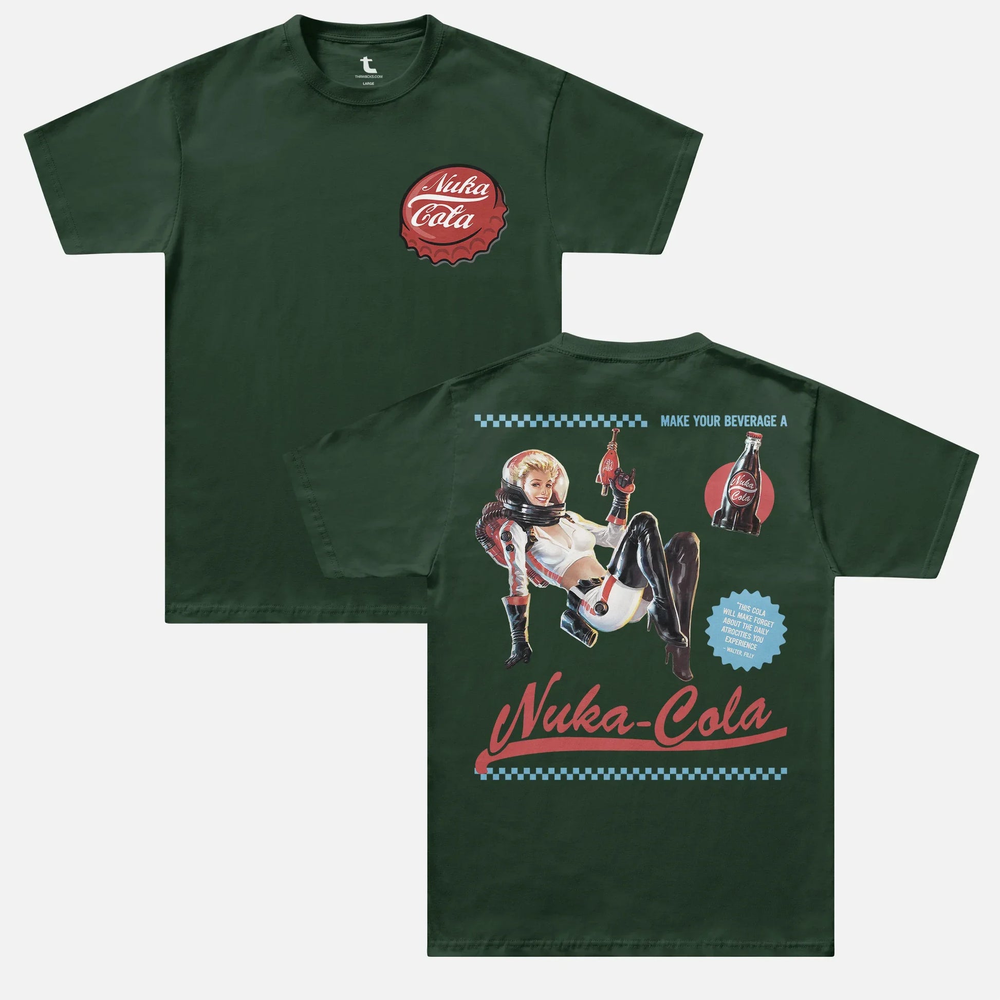 Dark Green fallout video game tv show graphic tee shirt with Nuka Cola bottle cap logo and retro space girl ad