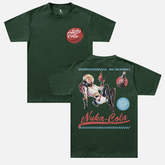 Dark Green fallout video game tv show graphic tee shirt with Nuka Cola bottle cap logo and retro space girl ad