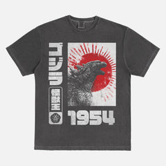Vintage Godzilla Gojira 1954 streetwear style graphic t-shirt with grunge japanese text and illustrations on a washed black comfort colors tee