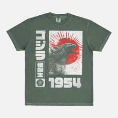 Vintage Godzilla Gojira 1954 streetwear style graphic t-shirt with grunge japanese text and illustrations on a washed green cotton tee