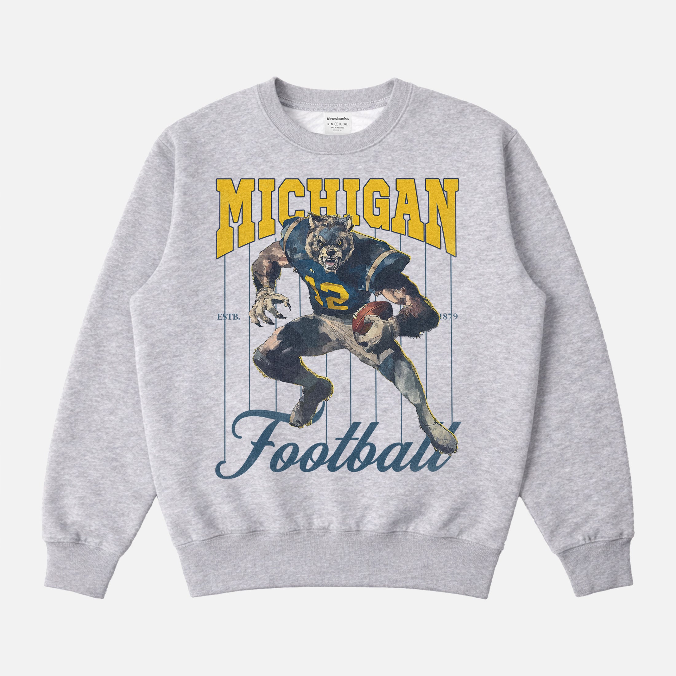 Vintage grey University of Michigan Wolverines Football sweatshirt, retro heavyweight mascot pinstripes crewneck 