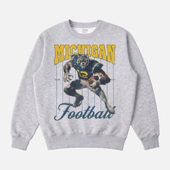 Vintage grey University of Michigan Wolverines Football sweatshirt, retro heavyweight mascot pinstripes crewneck 