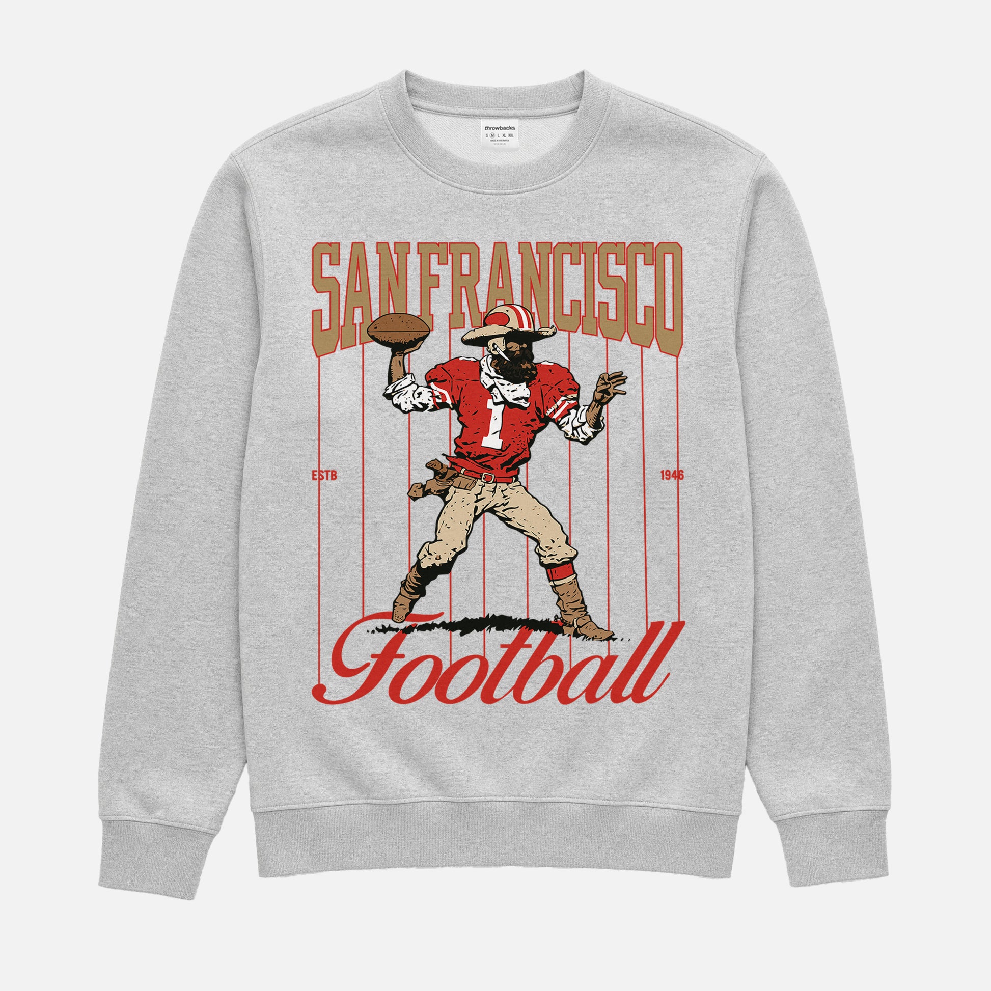 Vintage 80s San Francisco 49ers NFL football crewneck sweatshirt with retro mascot and pinstripes graphic