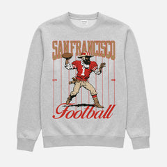 Vintage 80s San Francisco 49ers NFL football crewneck sweatshirt with retro mascot and pinstripes graphic