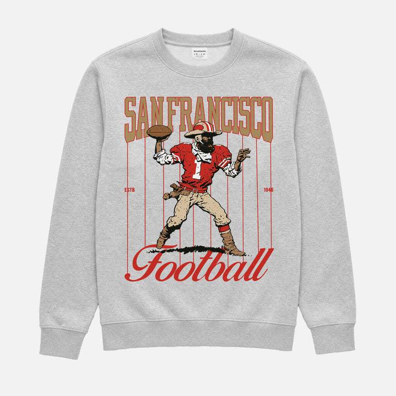 Vintage 80s San Francisco 49ers NFL football crewneck sweatshirt with retro mascot and pinstripes graphic