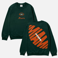 Retro Miami Hurricanes heavyweight football sweatshirt in dark green with front and back orange and beige print