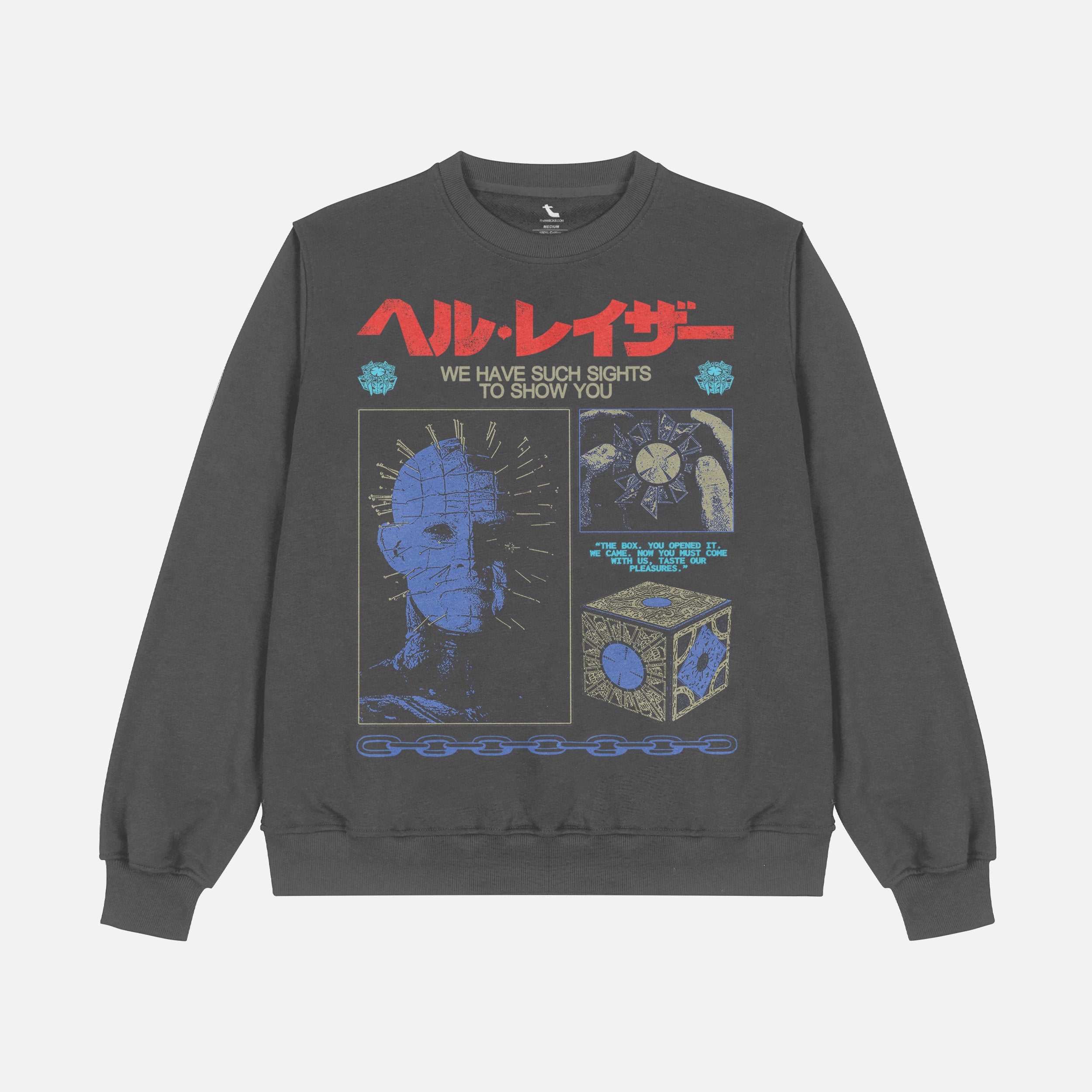 grunge streetwear style Hellraiser movie sweatshirt for horror fans with grunge Pinhead art and japanese movie poster text