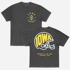 Cute old school Iowa Hawkeyes football t-shirt with vintage front and back print on a washed black comfort colors graphic tee