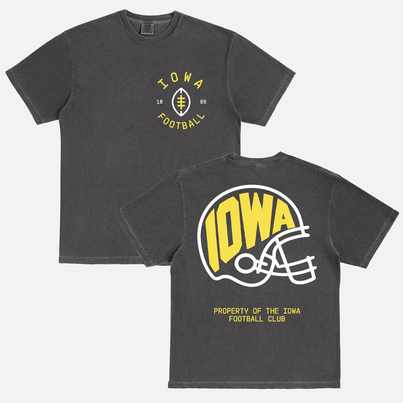 Cute old school Iowa Hawkeyes football t-shirt with vintage front and back print on a washed black comfort colors graphic tee