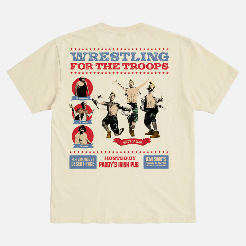 Its Always Sunny in Philadelphia wrestling graphic tee, funny retro the gang wrestles for the troops Paddy's Irish Pub promo t-shirt with The Maniac and the Trashman and the Birds of War